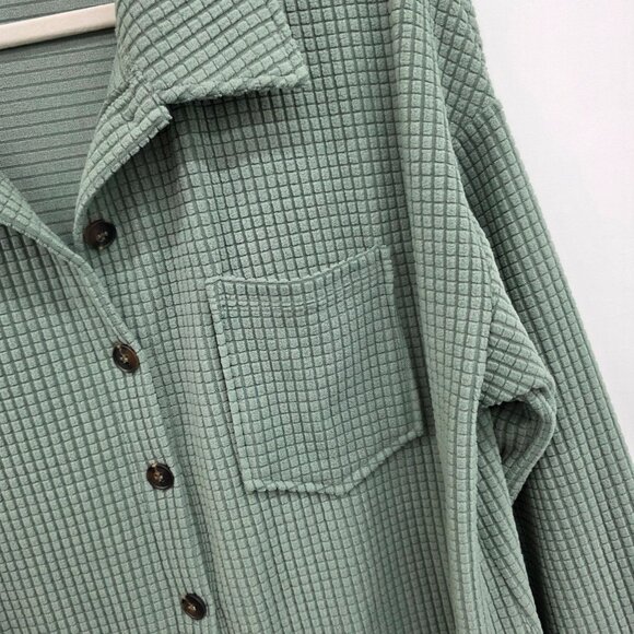 Green Waffle Knit Button-Up Shirt w/Chest Pocket & Long Sleeves Relaxed Fit - Picture 7 of 12